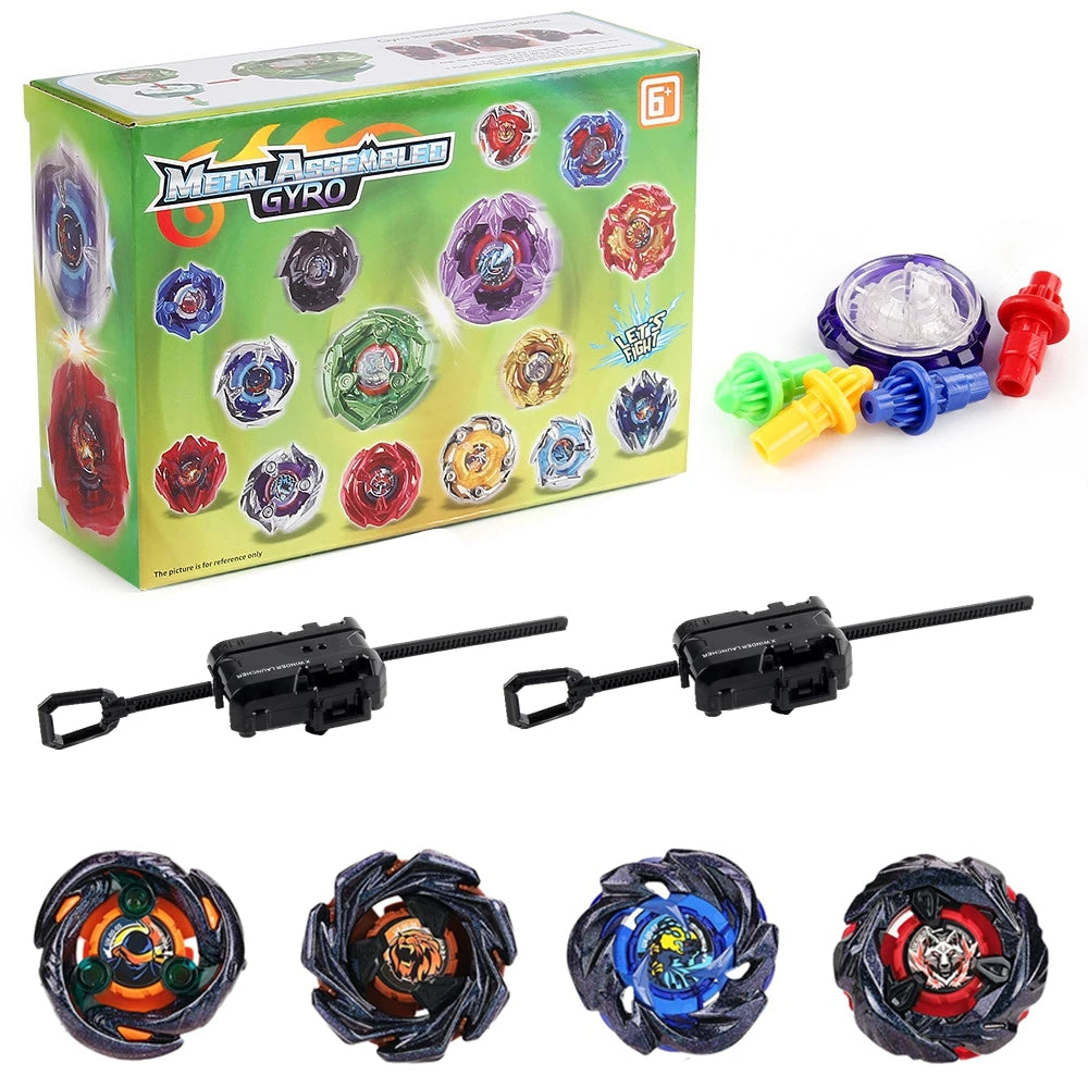 Metal Assemble Gyro spinning top battle set with launchers and various colored tops