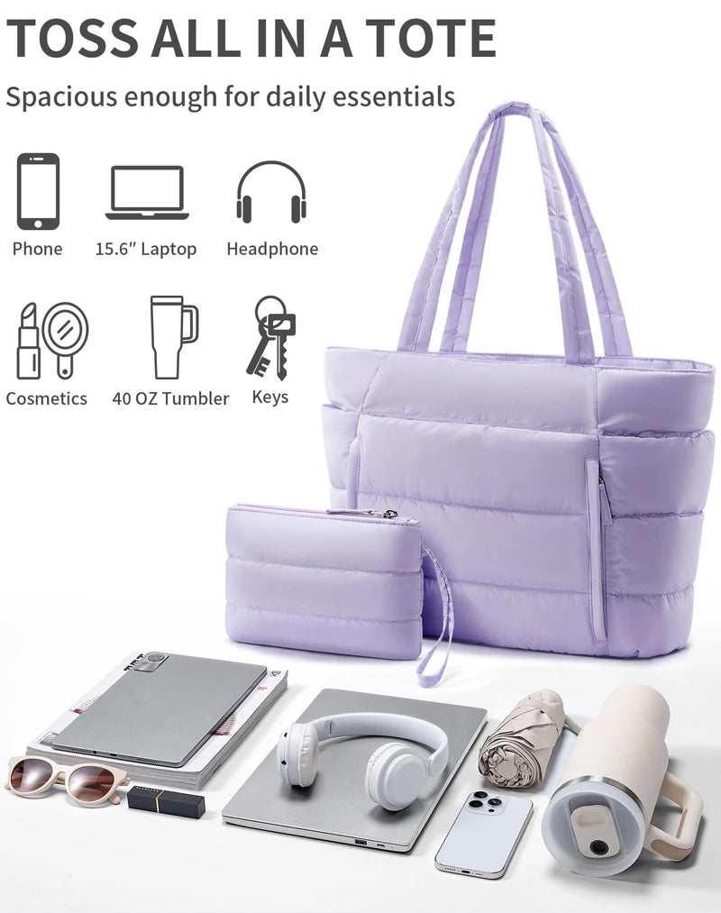 A purple quilted puffy tote bag is shown alongside various daily essentials like a phone, laptop, cosmetics, and keys.