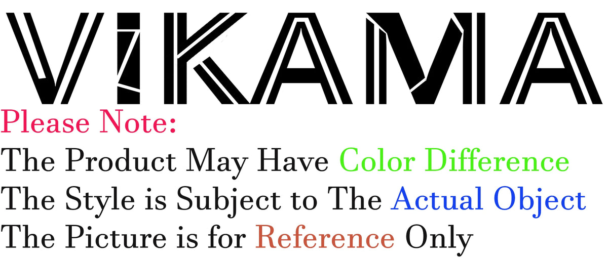 Text graphic displaying the word VIKAMA with accompanying notes regarding color difference, style subjectivity, and reference