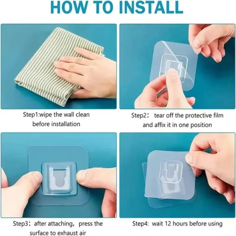 Instructions showing how to install invisible double-sided adhesive wall hooks by wiping the wall, affixing the film, and wai