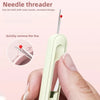 A hand holds a light green needle threader tool with a red tip, demonstrating its use for removing thread.