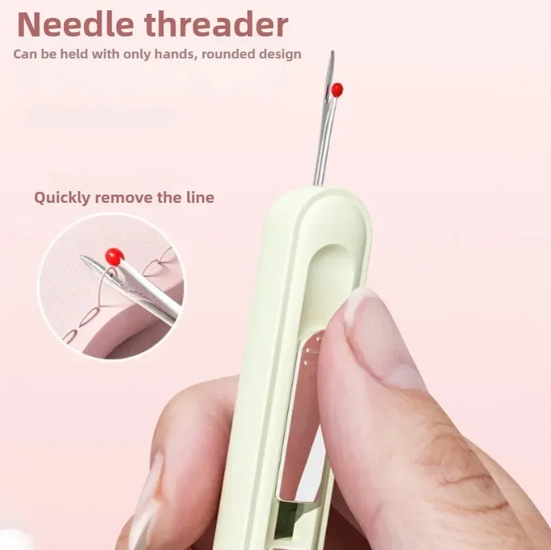 A hand holds a light green needle threader tool with a red tip, demonstrating its use for removing thread.