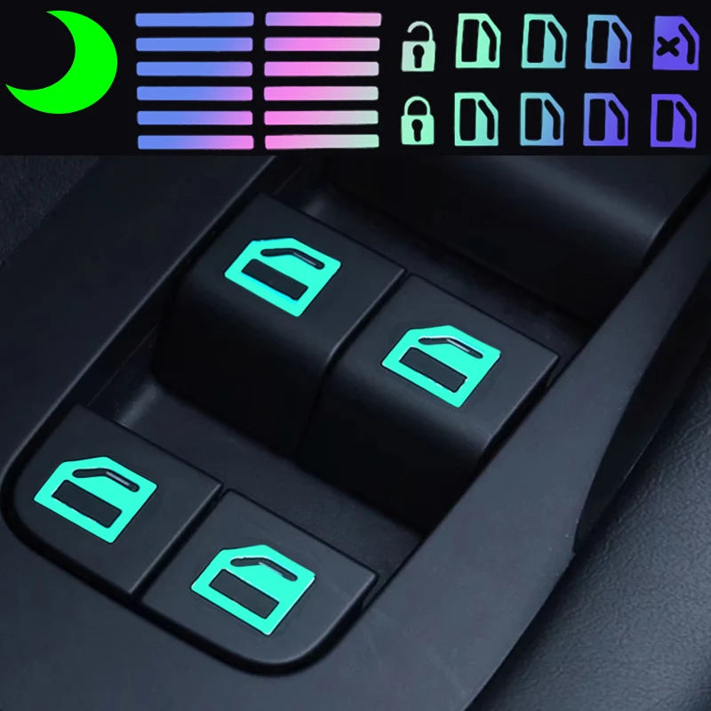 Close-up of a car window switch featuring glow-in-the-dark stickers and a dark panel with illuminated buttons.