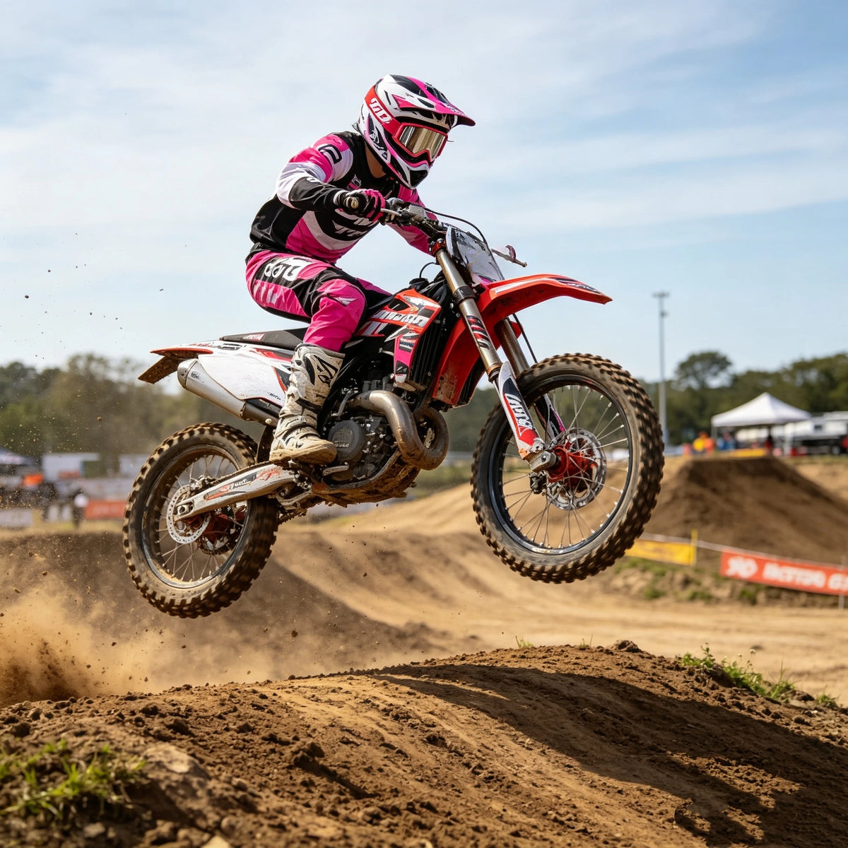 A motocross rider wearing pink and white gear jumps on a dirt bike in mid-air during an off-road race.