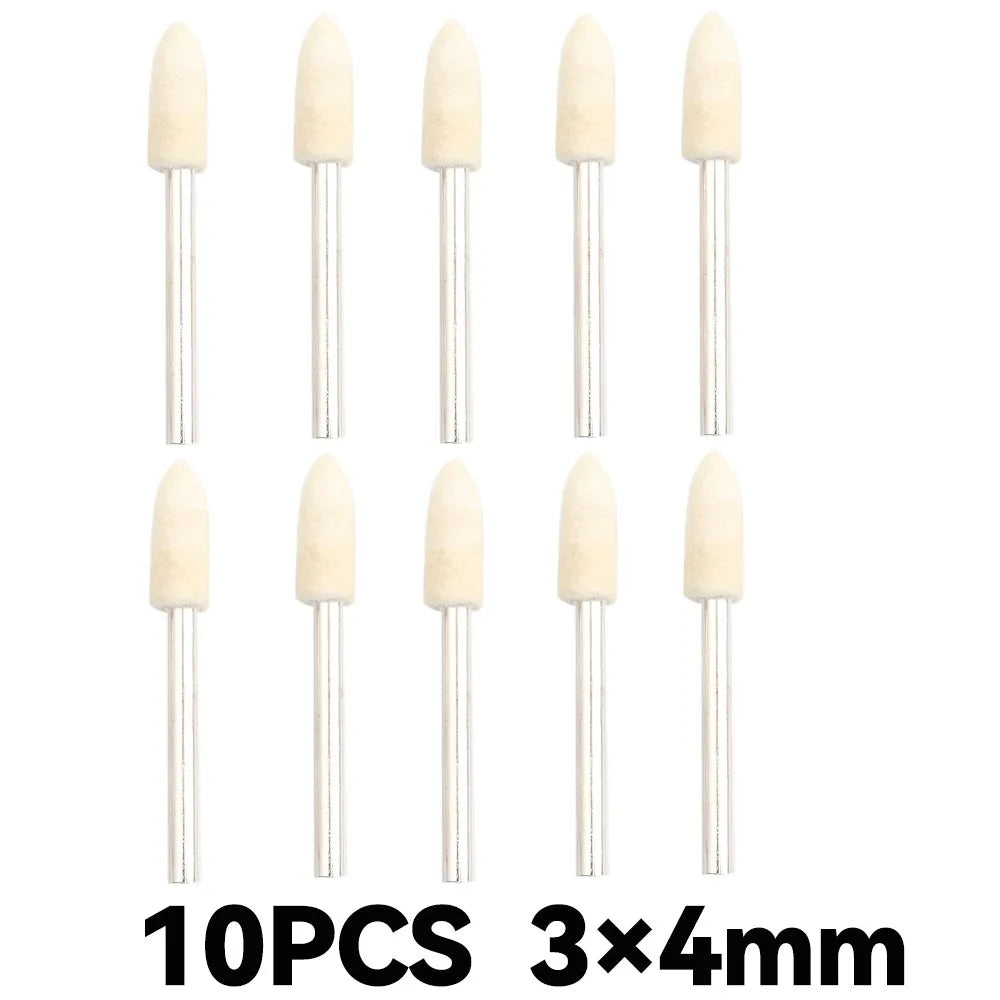 Ten wool felt polishing wheels with 3x4mm shank for rotary tools