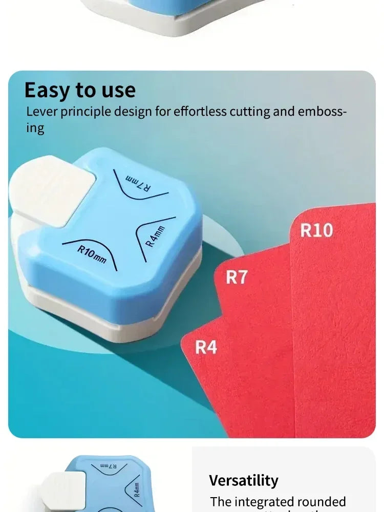 A blue and white corner cutter tool demonstrating a lever principle design for cutting and embossing paper crafts.