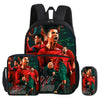 A black backpack featuring a vibrant football star graphic with multiple players and text.