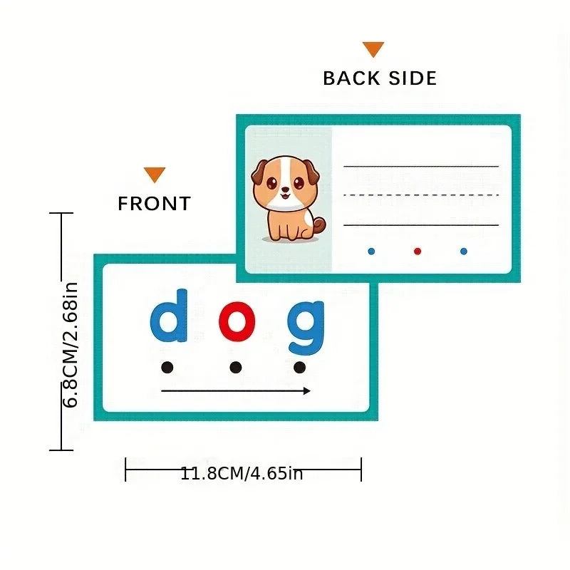 Ein Satz doppelseitiger CVC-Worterkennungs-Flashcards, die das Wort 'dog' auf der Vorderseite und eine Illustration eines Hun