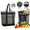 A gray and black insulated cooler bag is shown next to various fruits and vegetables, highlighting its use for picnics and ca