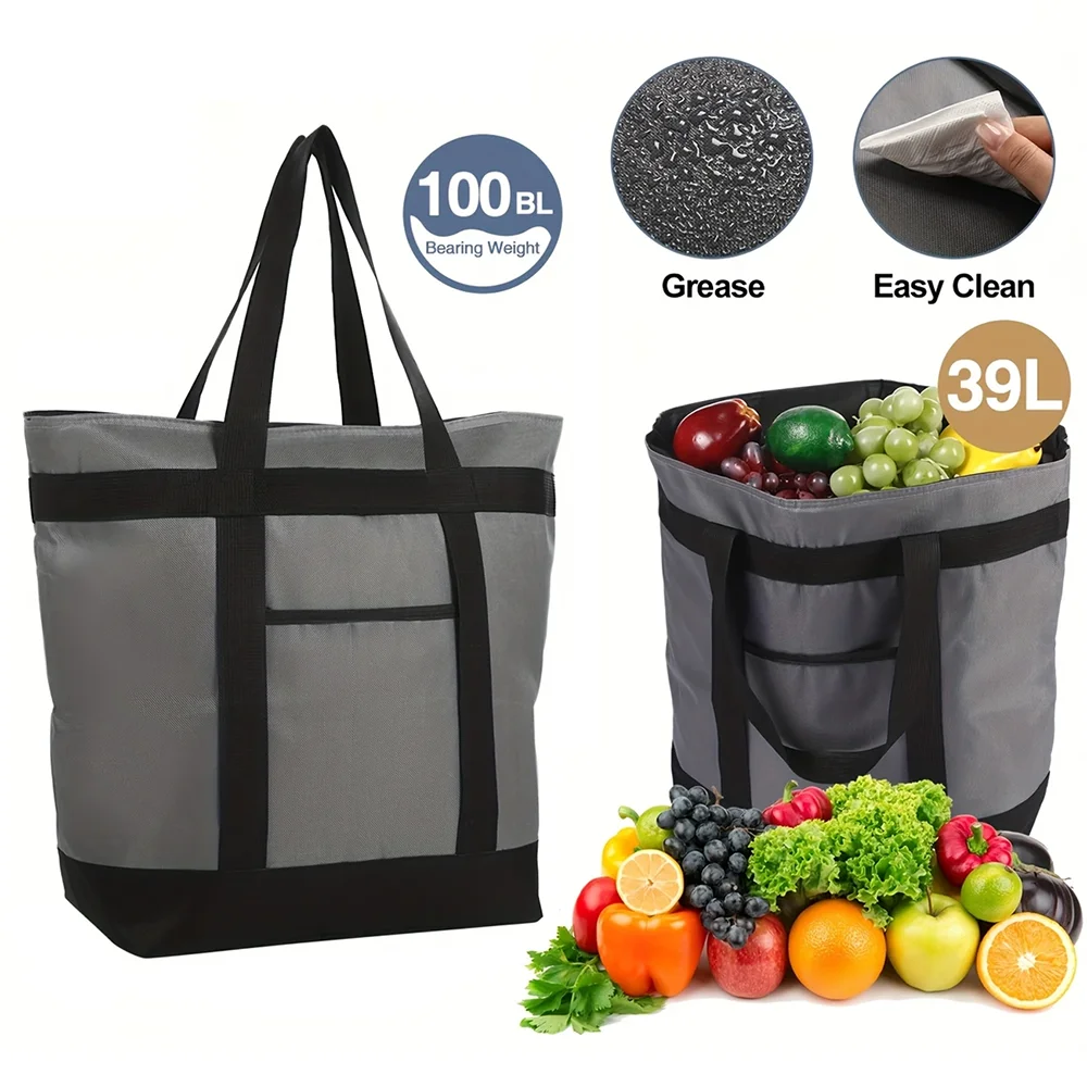 A gray and black insulated cooler bag is shown next to various fruits and vegetables, highlighting its use for picnics and ca