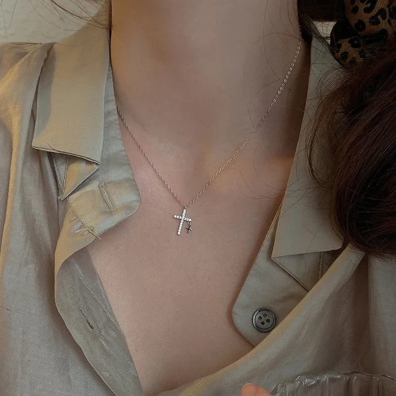 Double Cross Zircon Pendant Necklace
