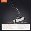 A white rolling magnetic sweeper with an adjustable handle and wheels is shown against a dark background.