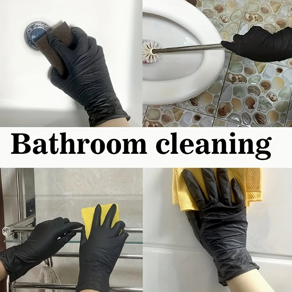 Hands wearing black disposable nitrile gloves cleaning a bathroom sink and toilet.
