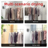 Various multi-scenario drying setups of a retractable clothesline for balcony, bedroom, outdoors, and living room.