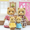 Two fluffy brown bear miniature dolls dressed in rustic clothing standing in front of a pink cabinet.