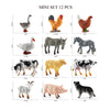 A set of 12 realistic animal figurines including a goose, rooster, deer, sheep, and dog.