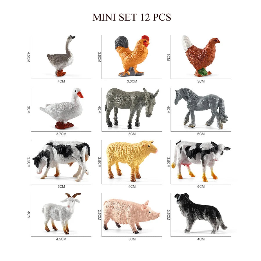 A set of 12 realistic animal figurines including a goose, rooster, deer, sheep, and dog.