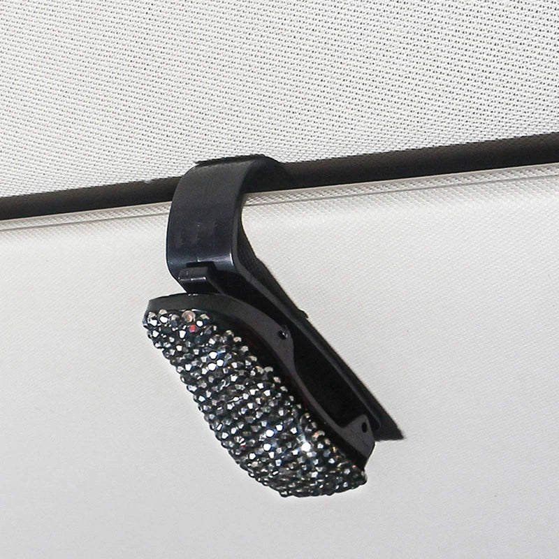 Black crystal rhinestone clip for securing car sun visor sunglasses