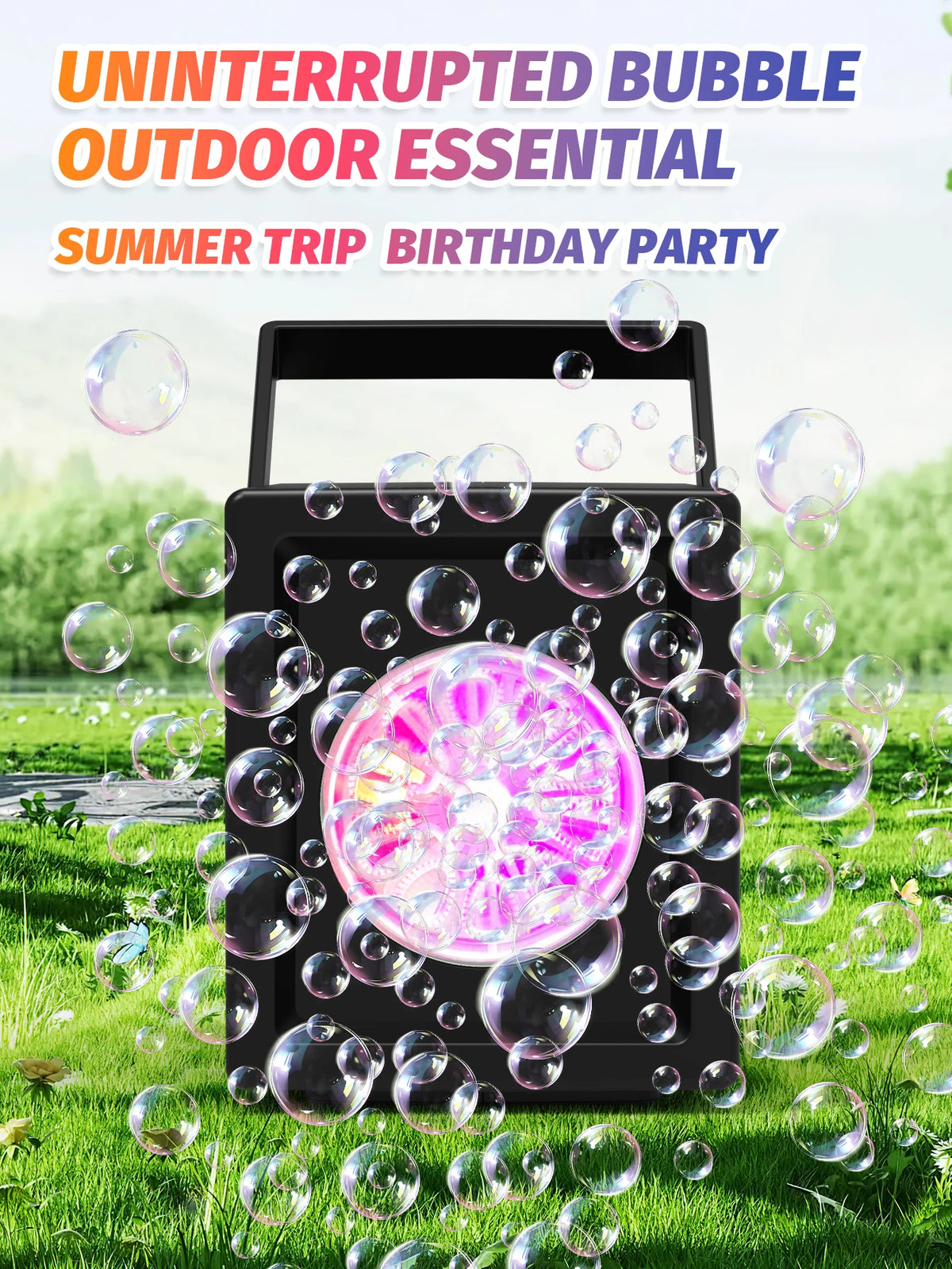 A black handheld bubble machine is shown surrounded by many iridescent soap bubbles on green grass.