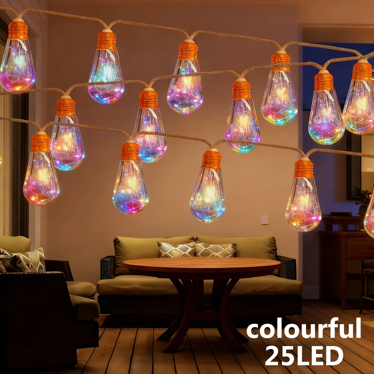 Colorful 25LED string lights hanging above a wooden table in a living room setting.