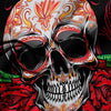 A detailed illustration of a sugar skull design featuring intricate floral patterns in red, orange, and gold on a black backg