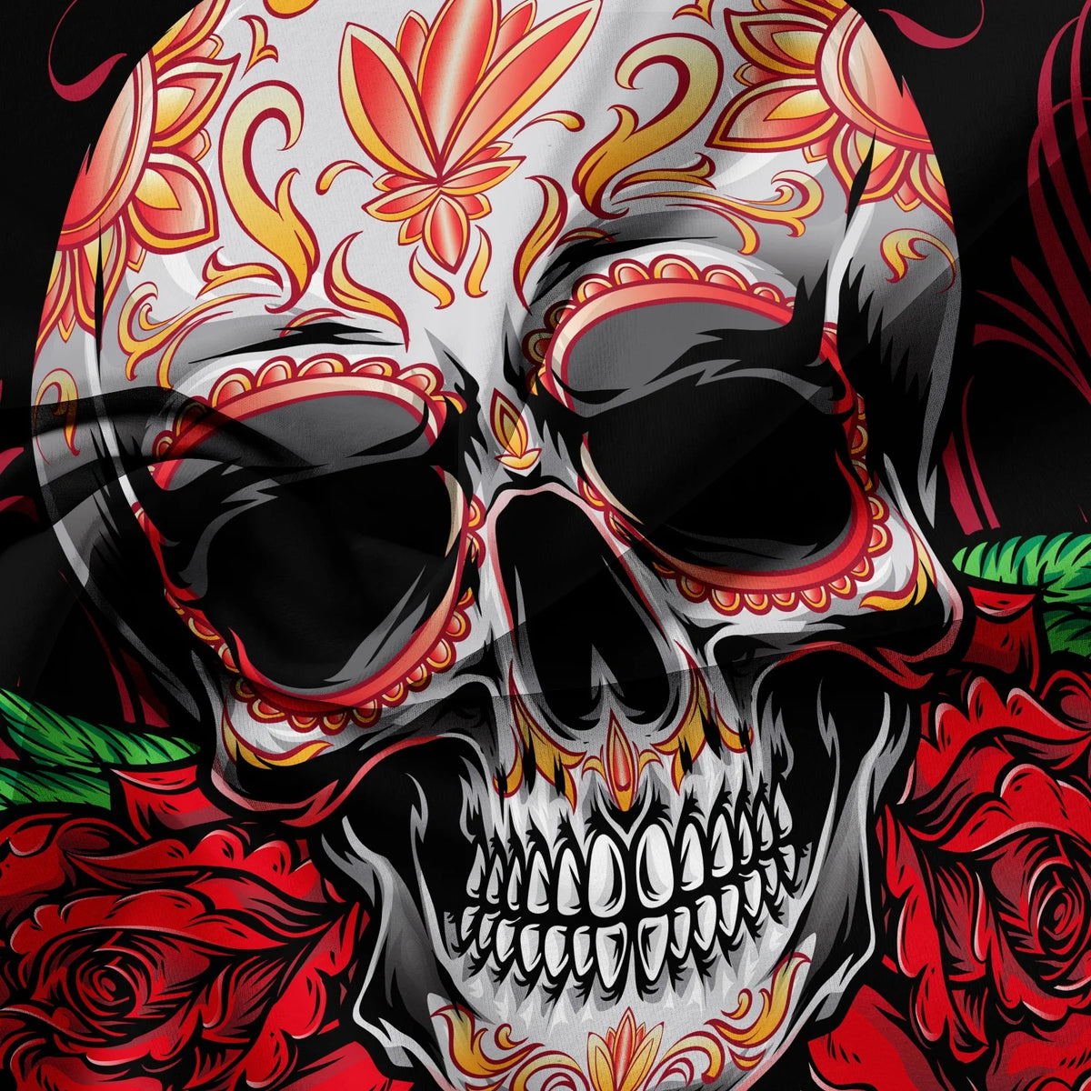 A detailed illustration of a sugar skull design featuring intricate floral patterns in red, orange, and gold on a black backg