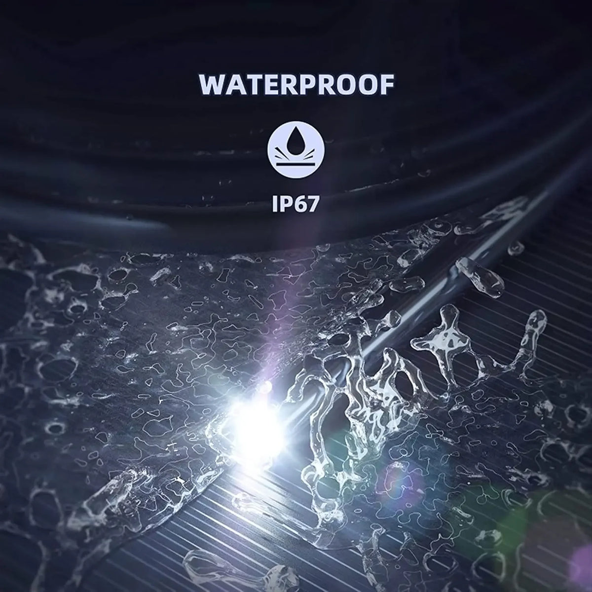 Close-up of a waterproof device with an IP67 rating being tested against water droplets.
