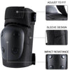 Black protective gear set for knee, elbow, and wrist, showing adjustability and impact resistance features.