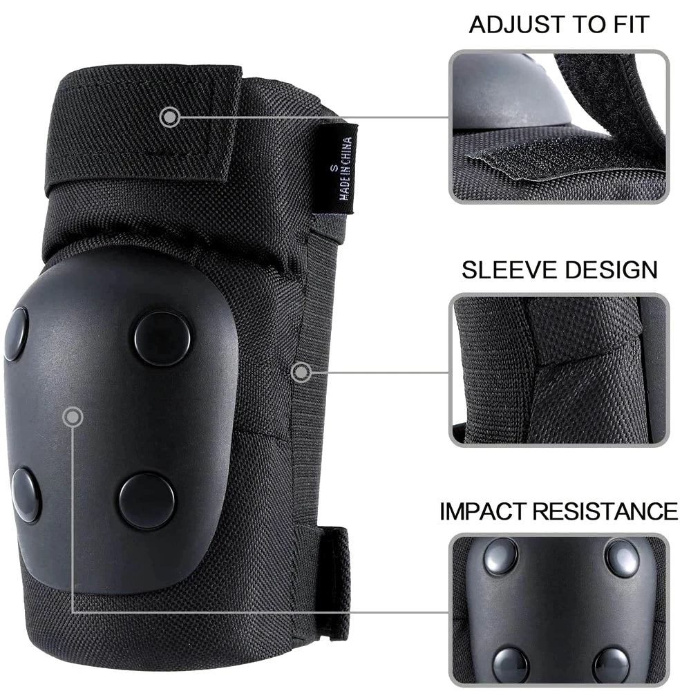Black protective gear set for knee, elbow, and wrist, showing adjustability and impact resistance features.