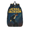 A blue backpack featuring a silhouette of Michael Jackson and a bird on the top section.