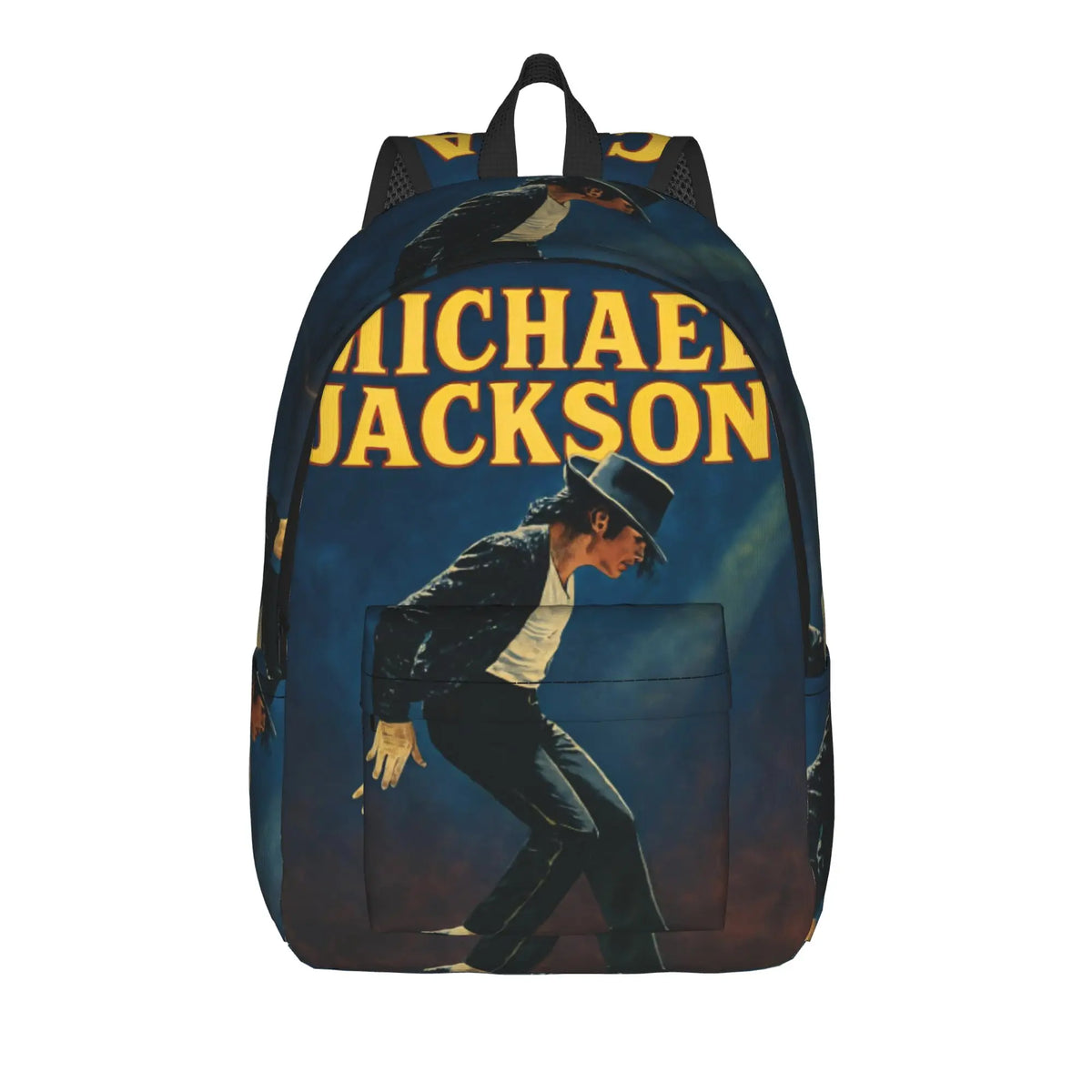 A blue backpack featuring a silhouette of Michael Jackson and a bird on the top section.