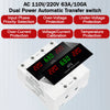 A dual power automatic transfer switch device showing input and output voltage readings on a digital display.