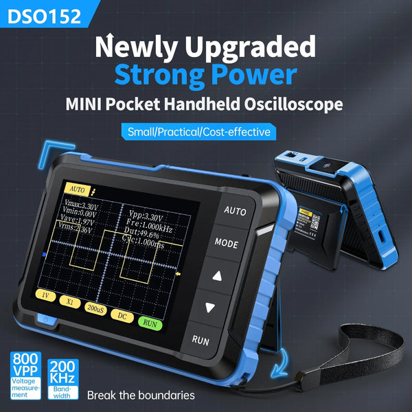 A blue mini pocket handheld oscilloscope displaying a waveform on its screen with an attached cable.