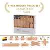 A set of 57 pieces of wooden track for a train set, including various lengths and connectors.