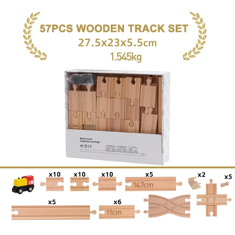 A set of 57 pieces of wooden track for a train set, including various lengths and connectors.