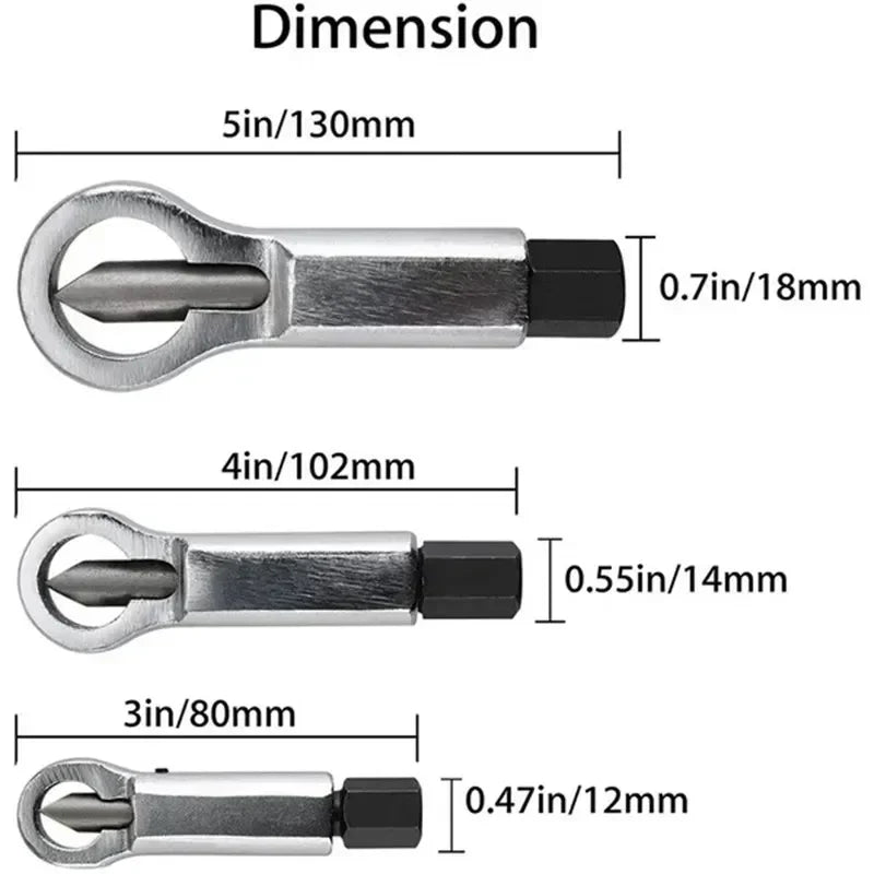 A set of three dimensioned rusty nut splitter tools showing various sizes and measurements.