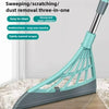 A teal silicone squeegee broom with a long handle is shown cleaning a floor.