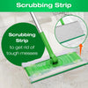 A green scrubbing strip is shown being used to clean a floor, with an inset showing the strip itself.