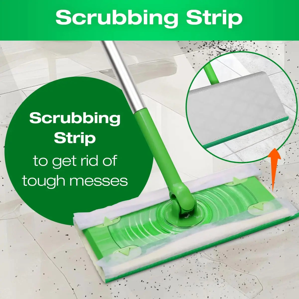 A green scrubbing strip is shown being used to clean a floor, with an inset showing the strip itself.