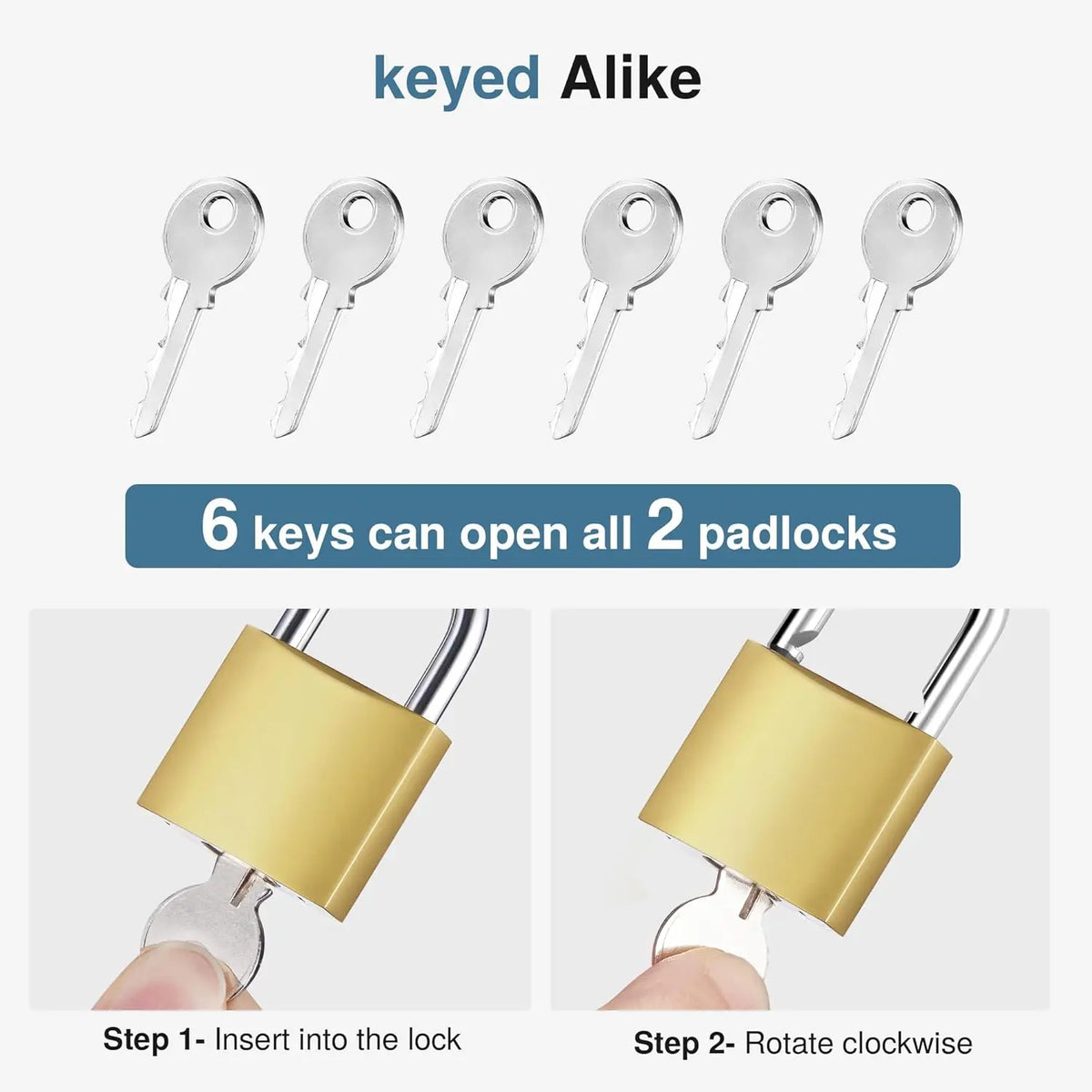 A set of six keyed alike metal keys designed to open two padlocks, shown next to a padlock and instructions for use.