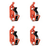 A pair of heavy-duty orange wall mount tool holders designed for securing shovels, axes, and other tools.