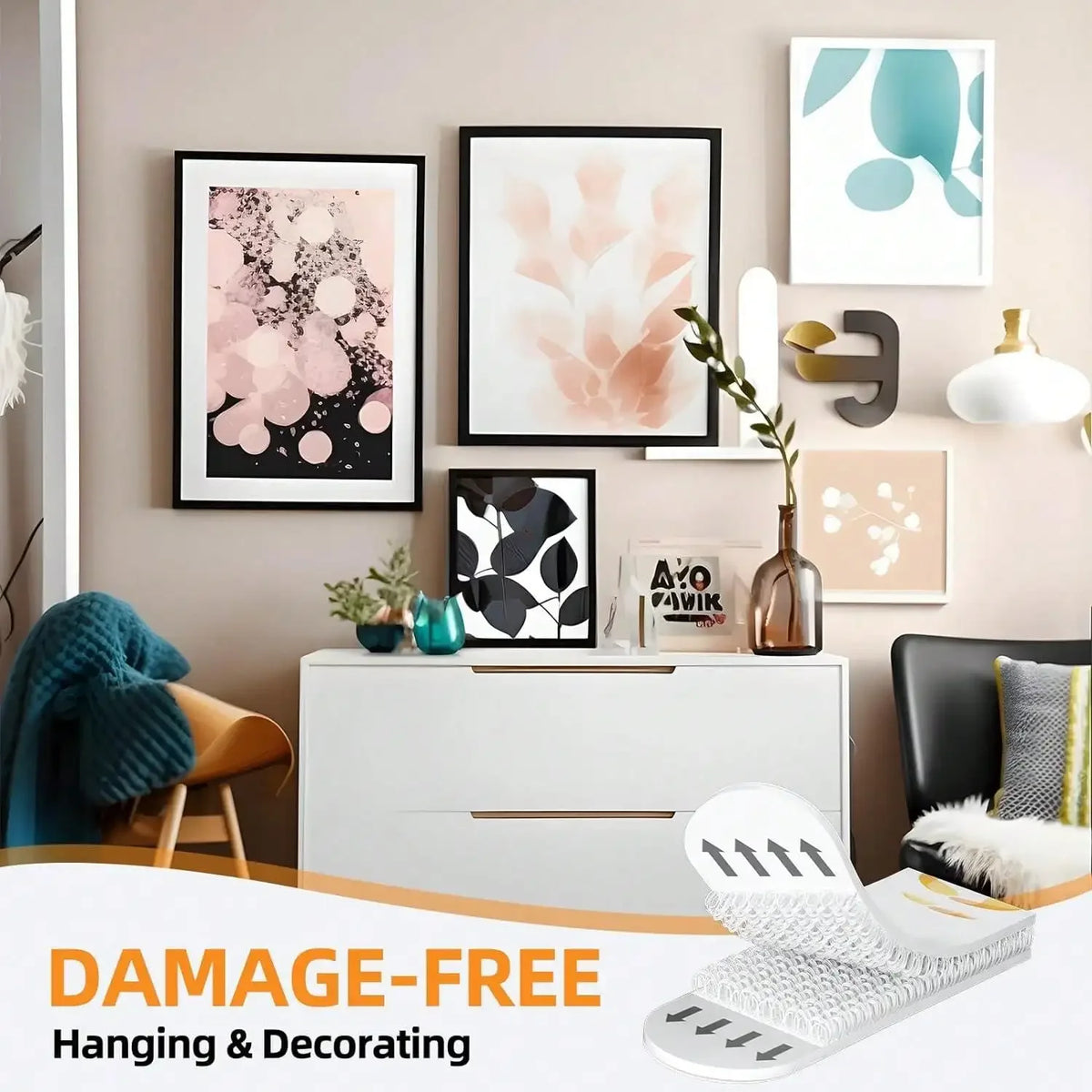 Damage-free hanging and decorating reusable double-sided adhesive strips for frames and decor