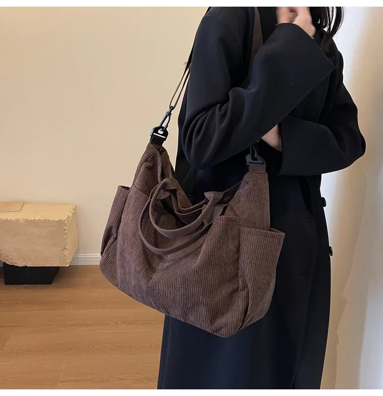 Multi-Pocket Corduroy Tote Bag – Large Capacity Casual Satchel for Travel, Work & Commute