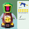 A plastic duck shooting target game featuring a green and brown body, with an air-powered gun, darts, and screwdriver include
