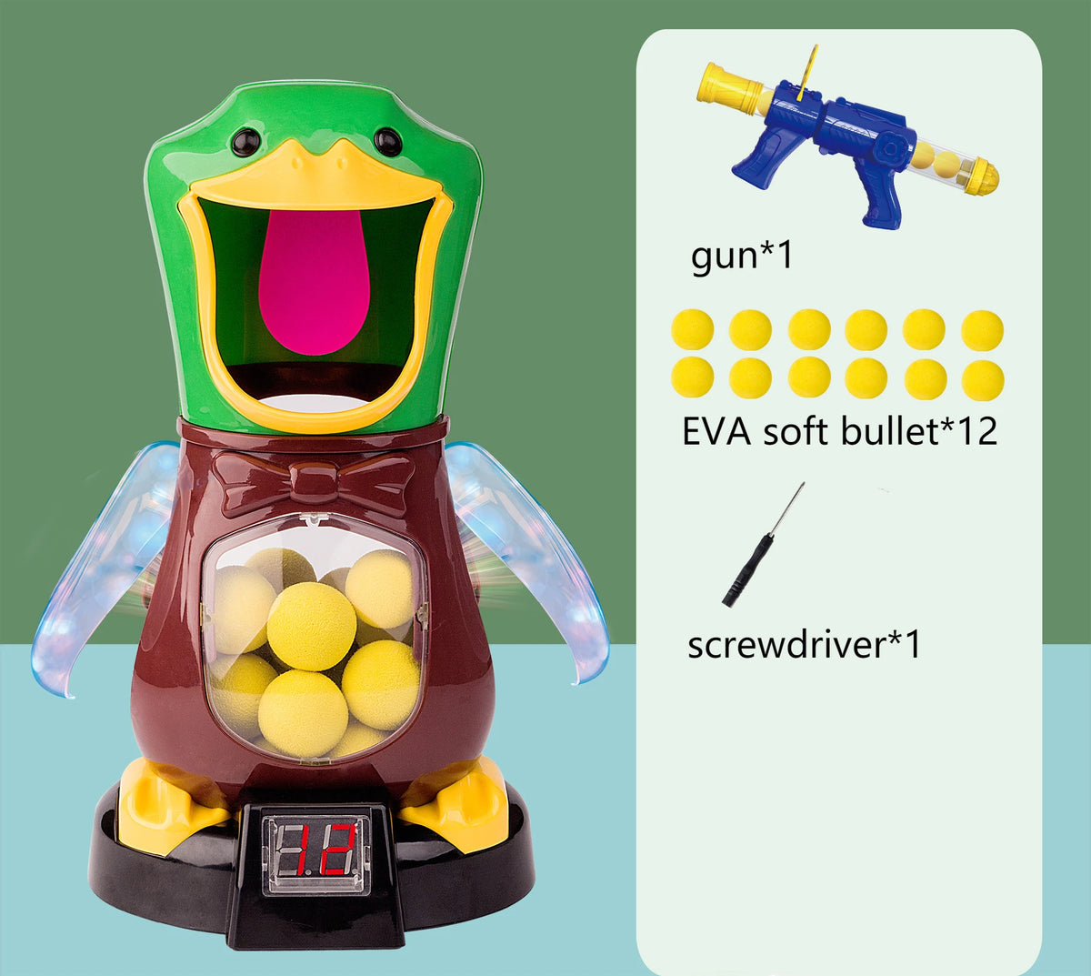 A plastic duck shooting target game featuring a green and brown body, with an air-powered gun, darts, and screwdriver include