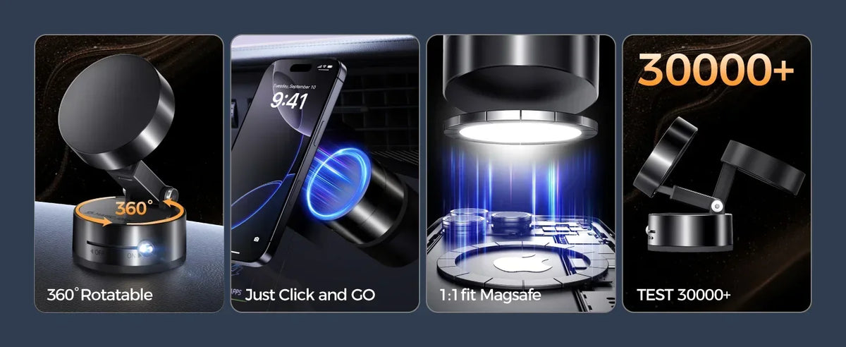 A 360 degree rotatable magnetic phone mount with a suction cup, shown in various usage contexts.