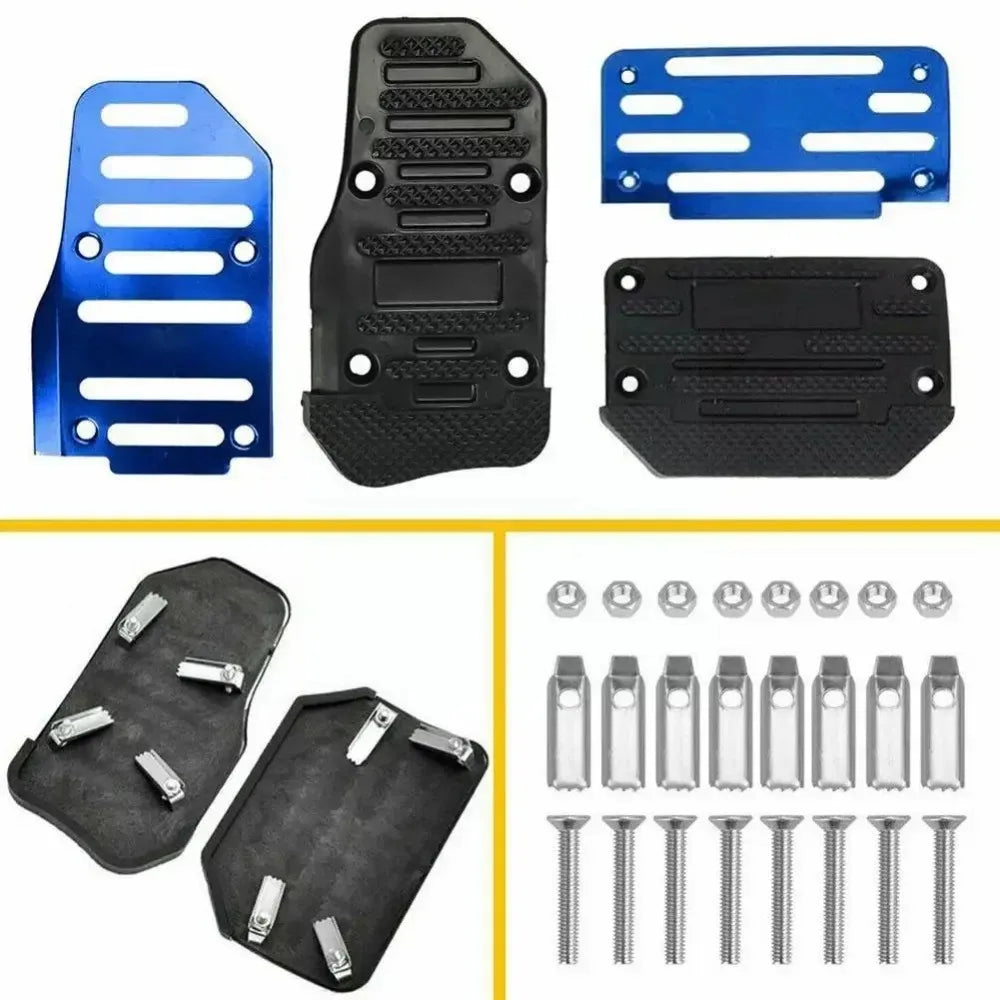 Set manueller rutschfester Fußpedale für Gas, Bremse und Kupplung in schwarz-blauer Kunststoff.
