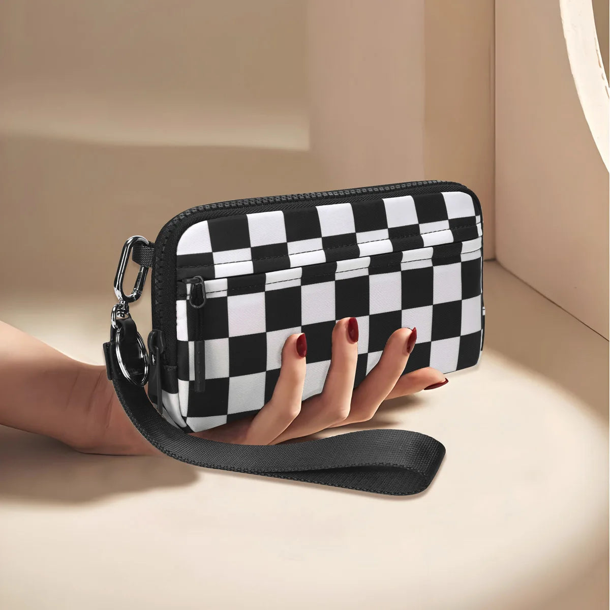 Checkered Zip-Around Wallet with Clear ID Window