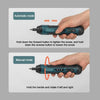 A hand is shown operating a compact cordless electric screwdriver in both automatic and manual modes.