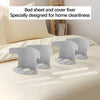 A set of gray bed sheet and cover fixers designed for home cleanliness, shown on a bed.